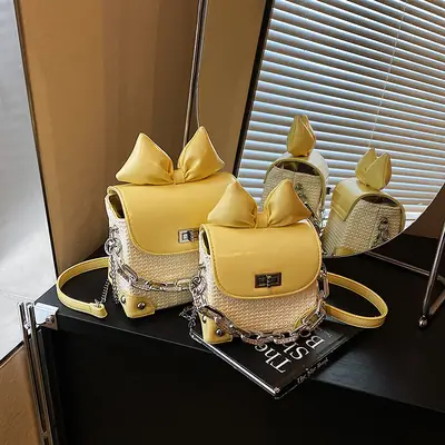 Women's Yellow Bow Shoulder Bag with Chain Crossbody