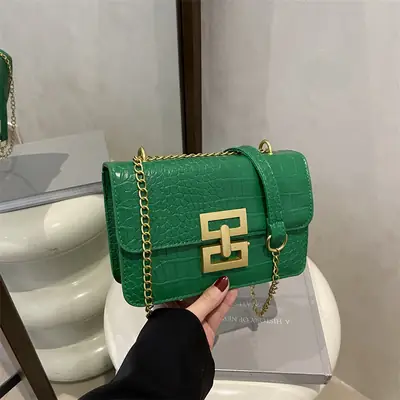 Green Crocodile Leather Chain Crossbody Bag for Women
