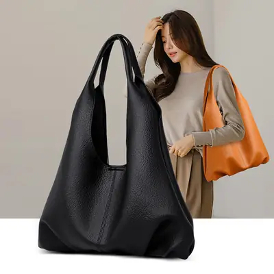 Korean Style Black Leather Tote Bag Large Capacity Women