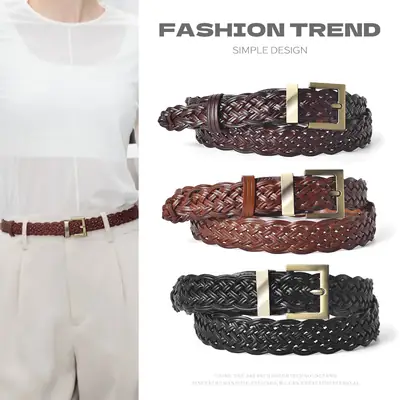 Black Braided Women's Belt with Gold Buckle