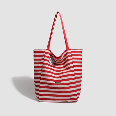 Women Striped Canvas Shoulder Tote Bag Large Capacity Red White