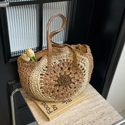 Women's Straw Woven Shoulder Bag Large Capacity Contrast Color