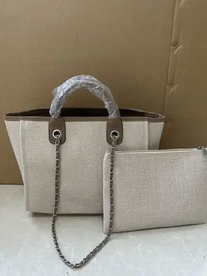 Women's Chain Tote Bag Large Capacity Beige Leather