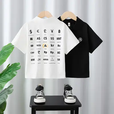 Boys 2025 Black Graphic T-Shirt Half Sleeve Polo Top