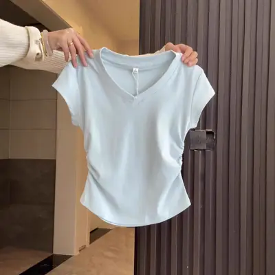 Pure Cotton V-Neck Short-Sleeve T-Shirt for Women, Summer Slim-Fit, Slimming, Pleated Design, Short Top, Trendy 2026 New Model