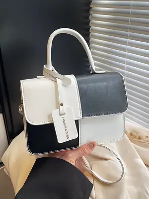 Women's Small Square Handbag White Black Leather Tote 2026