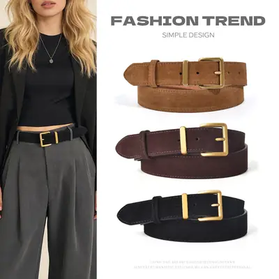 Women Pin Buckle Leather Belt Brown Gold