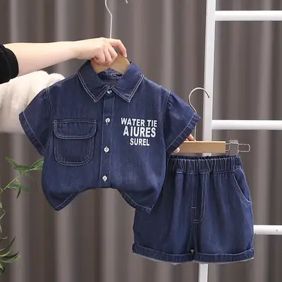 2025 Boys Korean Style Blue Denim Shorts Suit 1-5Yr