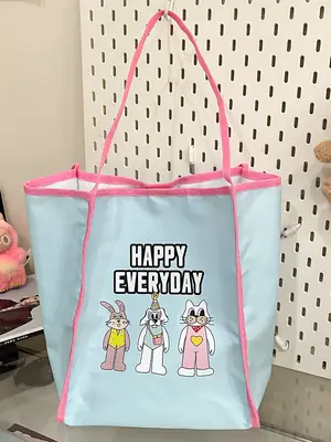 Women Cartoon Embroidered Shoulder Bag Light Blue Pink