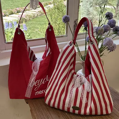 Women Striped Canvas Shoulder Bag Red White 2025