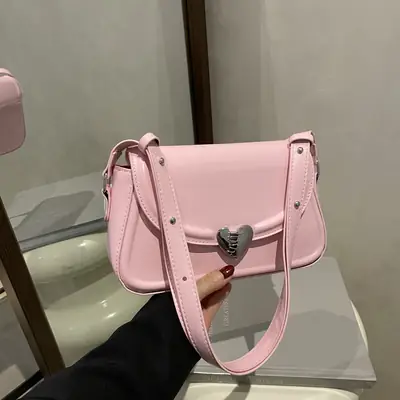 Pink Heart Lock Shoulder Bag for Women 2023
