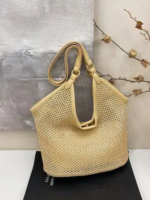 Golden Straw Woven Shoulder Bag Large Capacity