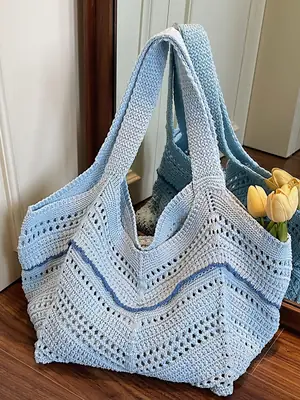 2025 Blue Crochet Large Capacity Shoulder Tote Bag
