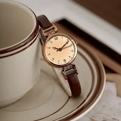 Women's Quartz Watch Set Brown Black Belt Retro Digital Style