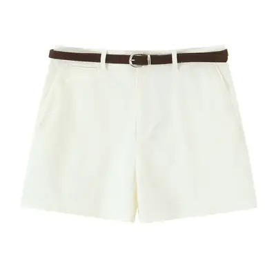 White Pleated Summer Shorts with Belt for Women