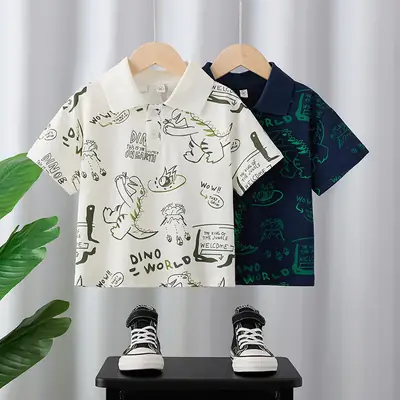Children's Dino Printed Polo Shirt White Summer Boys 2025