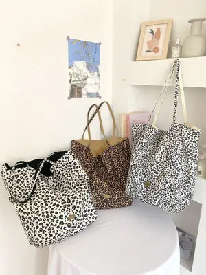 Retro Leopard Print Korean Double-Sided Large Canvas Bag