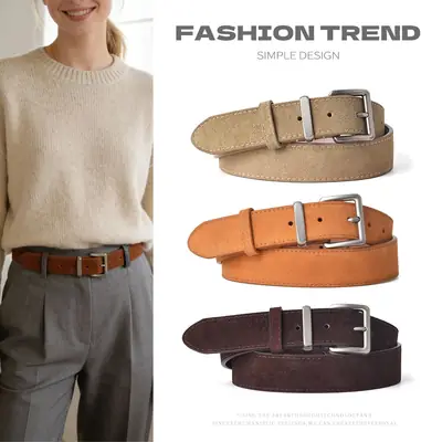 Women Genuine Leather Frosted Belt with Sweater Skirt Jeans