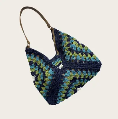Women's Blue Beaded Straw Shoulder Bag 2025