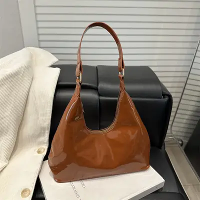 Brown Glossy Leather Shoulder Bag for Women