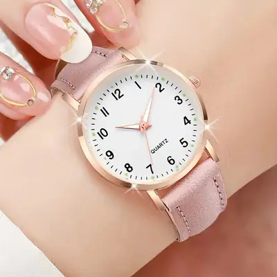 Women Digital Luminous Quartz Watch Set Pink Leather Belt