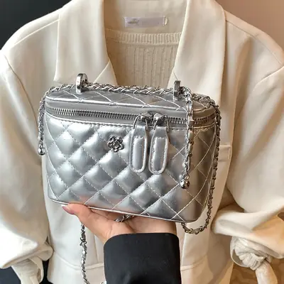 Silver Quilted Chain Shoulder Bag for Women 2026