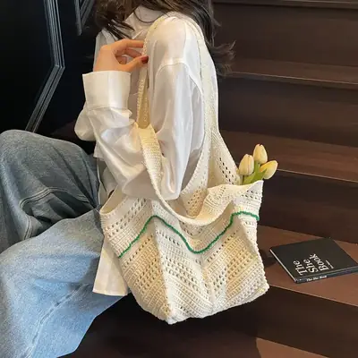 Women Crossbody Knitted Beach Bag White Green Stripes luggage and leather goods