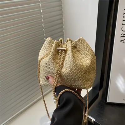 Golden Straw Drawstring Chain Bucket Bag for Women