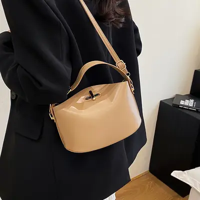 Beige Lock Single Shoulder Crossbody Bag for Women