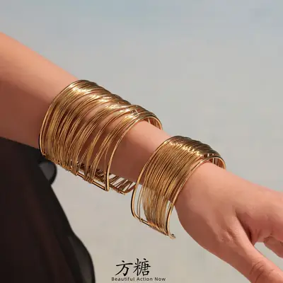 Cube European and American Exaggerated Multi-layer Open Bracelet Stainless Steel Gold Plated Ins Cool Style Arm Ring Light Luxury Color-retaining Bracelet