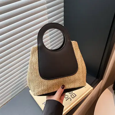 2025 Summer Straw Bag with Retro Contrast Stitching