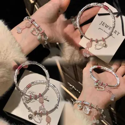 Floral Bracelet for Women Popular Kitty Cat Butterfly Open Silver Bracelet Niche Versatile Best Friend Couple Bracelet