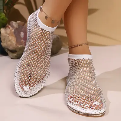 Trendy Rhinestone Mesh Flat Sandals