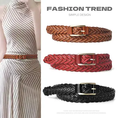 Red Woven Women's Belt with Metal Buckle