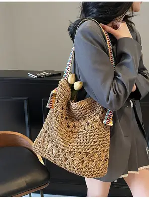 Vintage Beach Woven Straw Bag Large Capacity Shoulder Bag