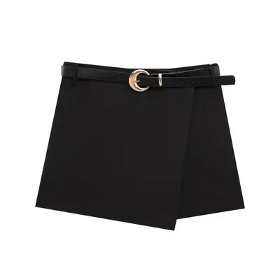 Black Belted Double-Breasted Culotte Shorts for Women