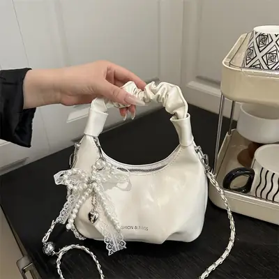 Elegant Pleated Shoulder Bag with Lace Detail