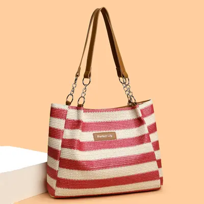 Women Cross Border Straw Tote Bag Red White Striped