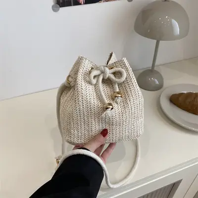 Stylish Beige Knitted Bucket Bag with Drawstring Closure