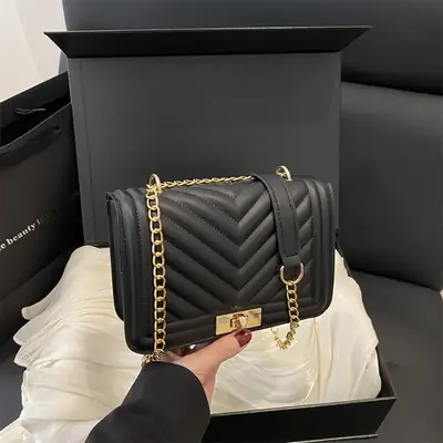 Black Embossed Chain Shoulder Bag for Women 2025