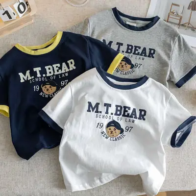 Boys Bear Embroidered Cotton T-Shirt Navy Yellow
