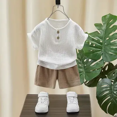 Boys Cotton Linen Summer Suit White Brown Shorts