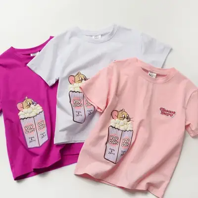 Kids Cartoon T-Shirts Pink White Pink Cotton Summer Wear
