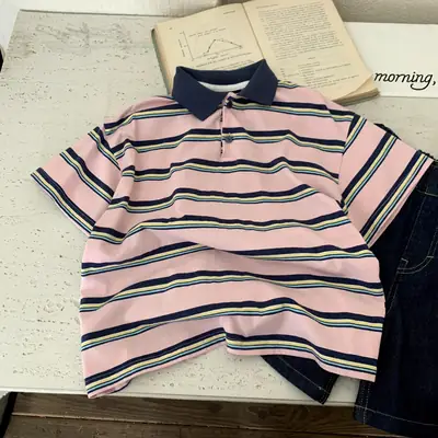 Boys Striped Polo Shirt Pink Navy Summer 2025