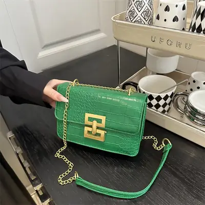 Green Croc Leather Chain Crossbody Bag for Women