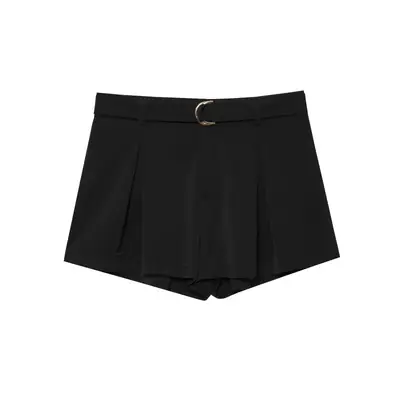 Black Pleated Shorts with Belt for Women