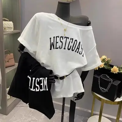 Women Korean Print Off Shoulder T-Shirt Set White Black