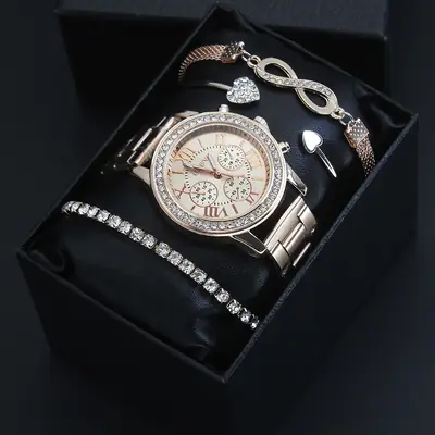 Women's Quartz Bracelet Watch Set with Heart & Diamond Details