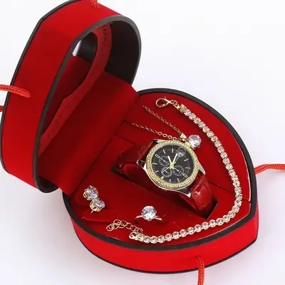 Women's Green Quartz Watch with Diamond Accessories Set
