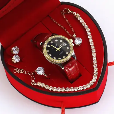 Ladies High-End Quartz Watch with Crystal Earrings & Necklace Set